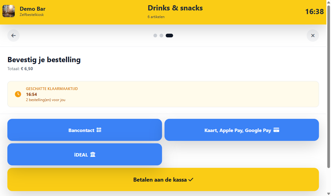 Bevestigingsscherm van de ShopexHub bestelkiosk met geschatte klaartijd en betaalopties